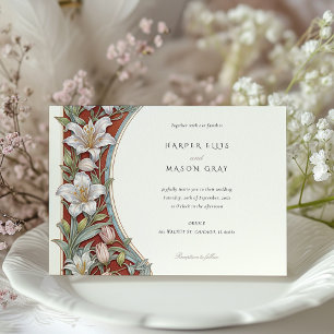 Elegant Lilies Art Nouveau Wedding Ivory Red Invitation