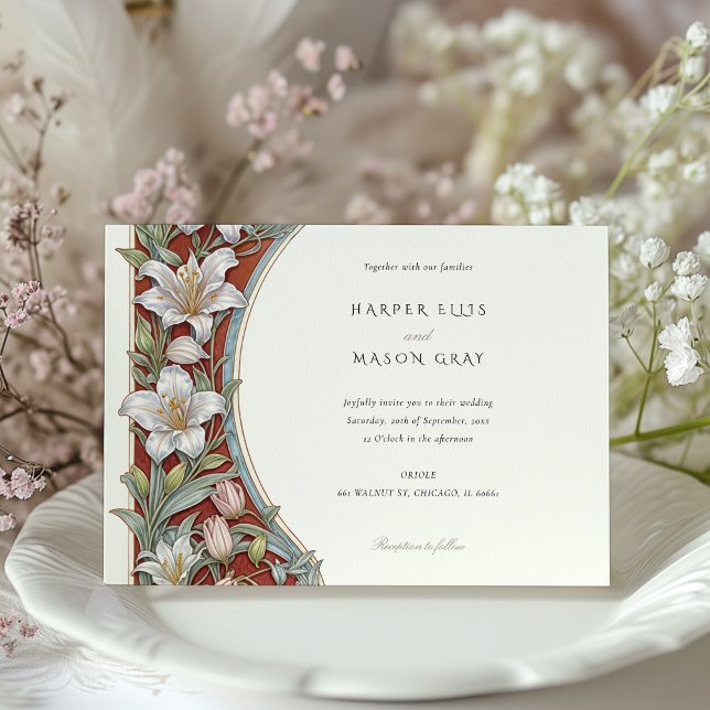 Elegant Lilies Art Nouveau Wedding Ivory Red Invitation (Creator Uploaded)