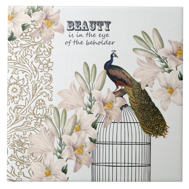 Elegant Lilies Peacock Ceramic Tile (Front)