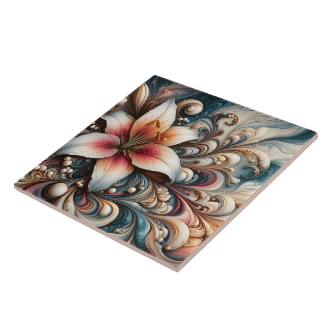 Elegant Lily Among Intricate Swirls and Patterns Ceramic Tile (Side)