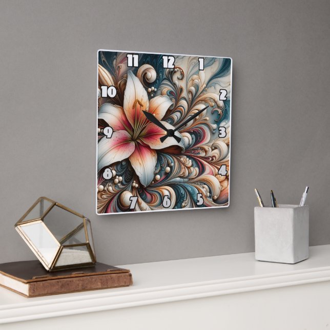 Elegant Lily Among Intricate Swirls and Patterns Square Wall Clock (Office)