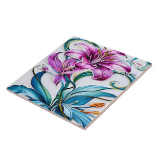 Elegant Lily Artwork With Vibrant Colours Ceramic Tile