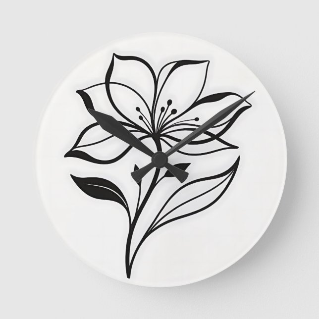 Elegant Lily Flower Silhouette Round Clock (Front)