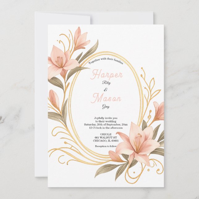 Elegant Lily Frame Gold Blush Wedding Invitation (Front)