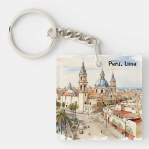 Elegant Lima Peru Watercolor Panorama View Key Ring
