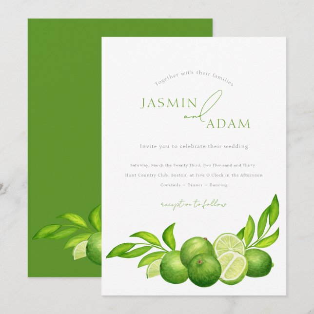 Elegant Lime Botanical Mediterranean Wedding Invitation (Front/Back)
