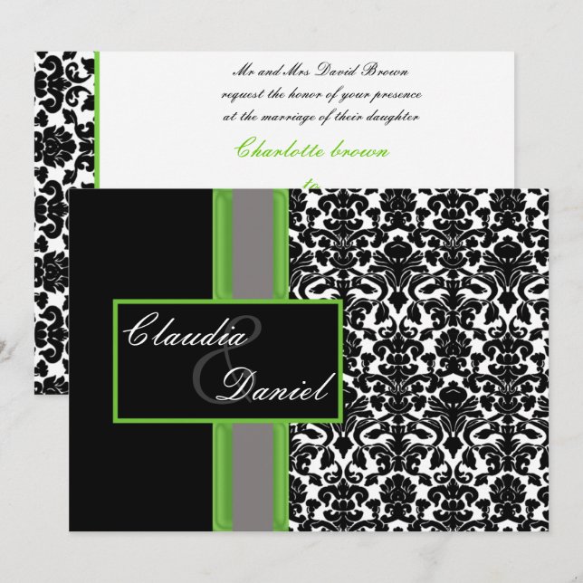 elegant lime damask wedding invitation (Front/Back)