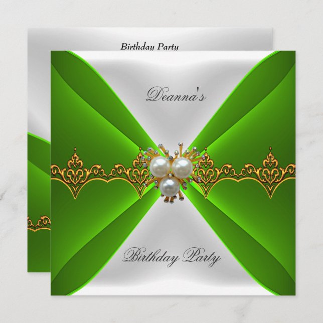 Elegant Lime Green Birthday Gold Jewel White Silk Invitation (Front/Back)
