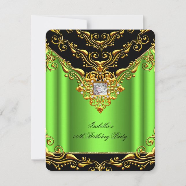 Elegant Lime Green Black on Gold Birthday Party Invitation (Front)