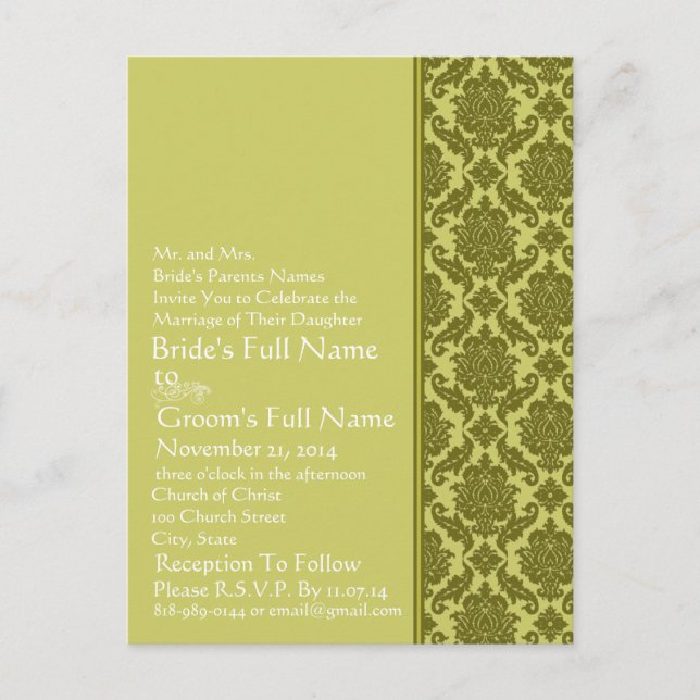 Elegant  Lime & Green Damask  Wedding Invitation Postcard (Front)
