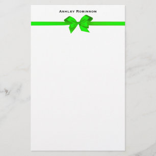 Elegant Lime Green Satin Bow on White Envelope Stationery