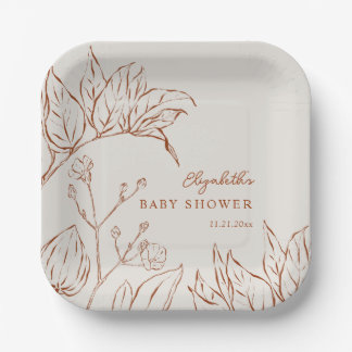Elegant Line Art Botanical Baby Shower Paper Plate