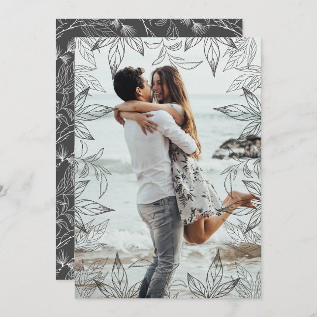 Elegant Line Art Foliage Frame Grey Photo Wedding Invitation (Front/Back)