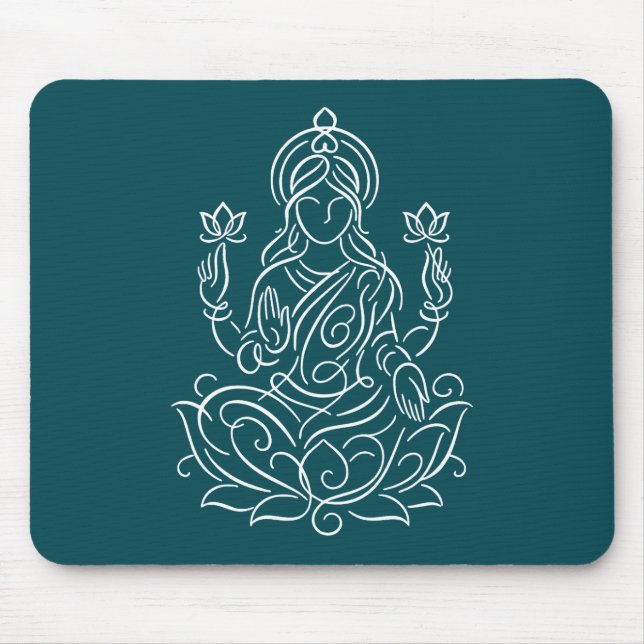 Elegant Line Art of Goddess Lakshmi on Lotus Mouse Pad (Front)