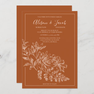 Elegant Line Drawn Floral Terra Cotta Wedding Invitation