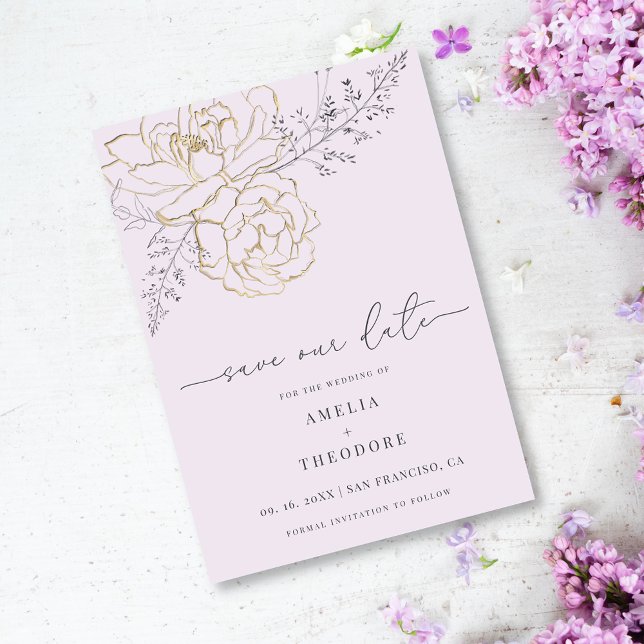 Elegant Line Floral Lilac Wedding Save the Date Invitation (Creator Uploaded)
