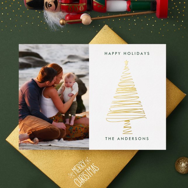 Elegant Line Gold Christmas Tree | Photo Happy Foil Holiday Card (Creator Uploaded)