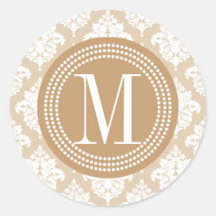 Elegant Linen Beige Damask Personalised Classic Round Sticker