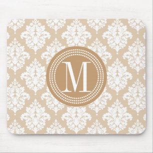 Elegant Linen Beige Damask Personalised Mouse Pad