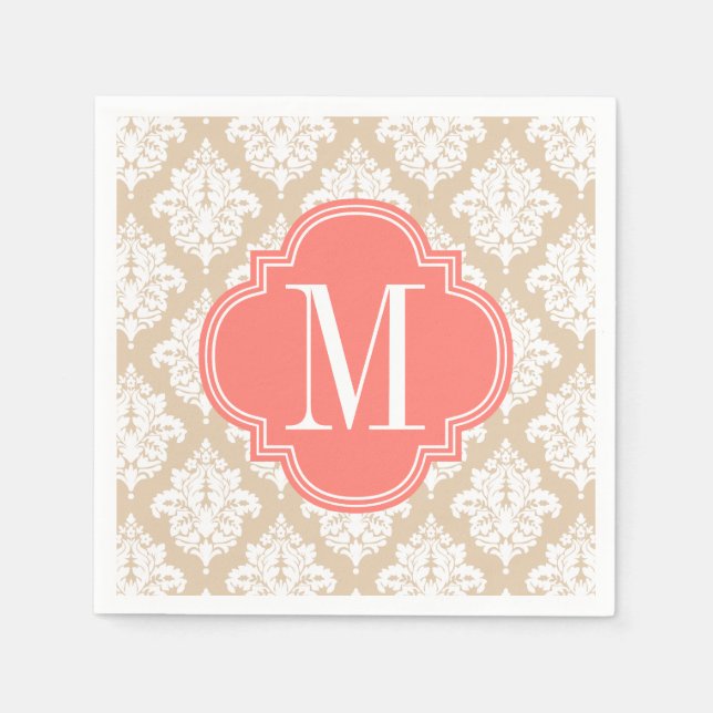 Elegant Linen Beige Damask Personalised Napkin (Front)