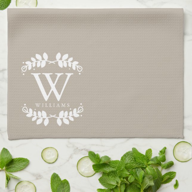 Elegant Linen Beige Monogram Tea Towel (Folded)