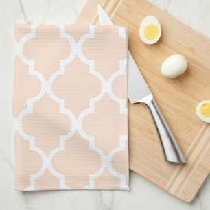 Elegant Linen Beige Quatrefoil Tiles Pattern Tea Towel