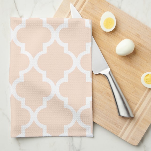 Elegant Linen Beige Quatrefoil Tiles Pattern Tea Towel (Quarter Fold)