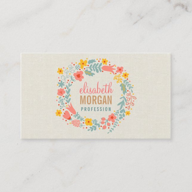 Elegant Linen Burlap with Floral Wreath Business Card (Front)