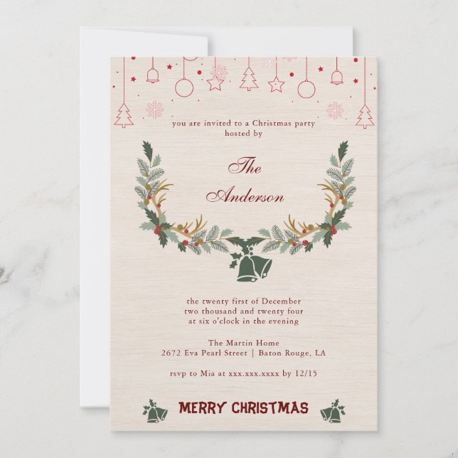 Elegant Linen Floral Holiday Christmas Party Card (Front)