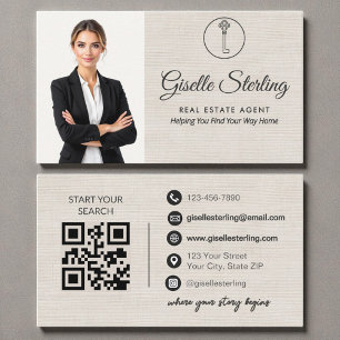 Elegant Linen Photo Real Estate Agent QR Code Business Card