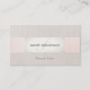 Elegant Linen Striped Beige and Pink Monogram Business Card