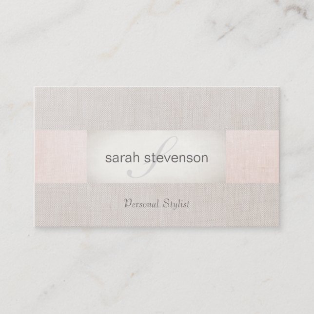 Elegant Linen Striped Beige and Pink Monogram Business Card (Front)