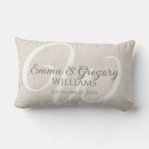 Elegant Linen White Monogram Lumbar Cushion