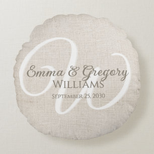 Elegant Linen White Monogram Round Cushion