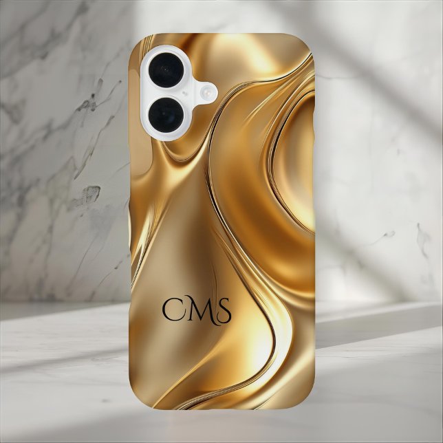 Elegant Liquid Gold Abstract Black Monogrammed iPhone 16 Case (Creator Uploaded)