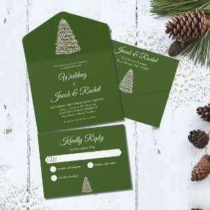 Elegant Lit Christmas Tree on Dark Green Wedding All In One Invitation