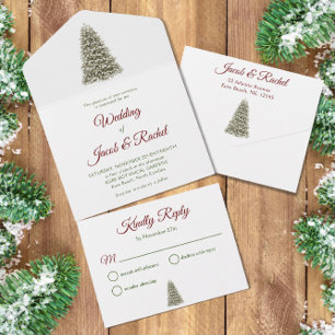 Elegant Lit Christmas Tree Red & Green Wedding All In One Invitation