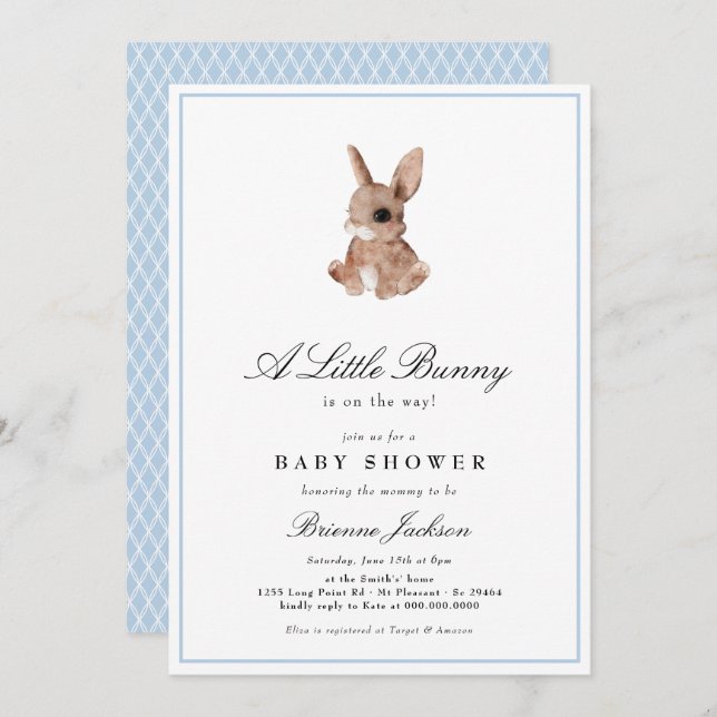 Elegant Little Bunny Blue Boy Baby Shower  Invitation (Front/Back)