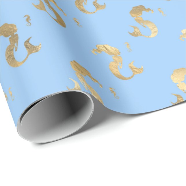 Elegant Little Mermaid Blue and Metallic Gold Wrapping Paper (Roll Corner)