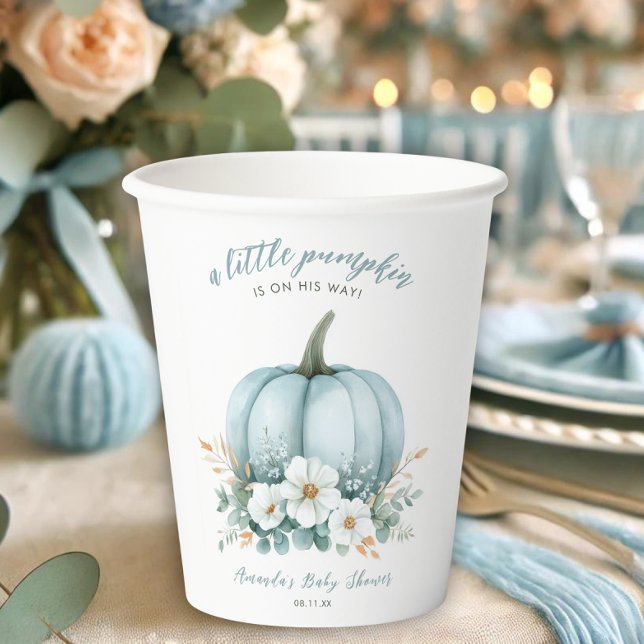 Elegant Little Pumpkin on His Way Boy Baby Shower Paper Cups (A baby shower paper cup with a blue pumpkin and floral design, placed on a decorated table.)