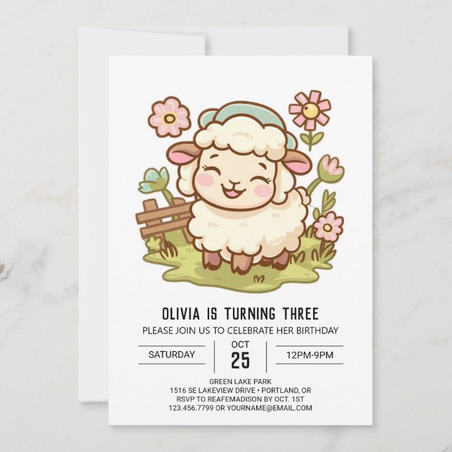 Elegant Little Sheep Digital Birthday Invitation (Front)