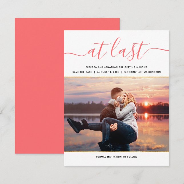 Elegant Living Coral Photo Modern Save the Date Invitation (Front/Back)