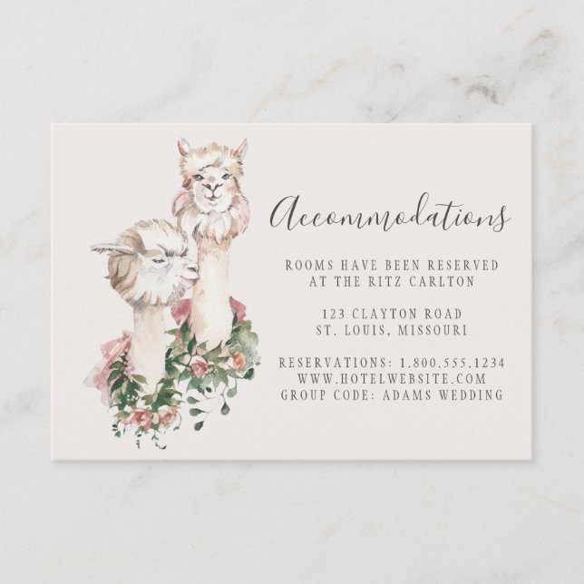 Elegant Llama Couple Wedding Accommodations Enclosure Card (Front)