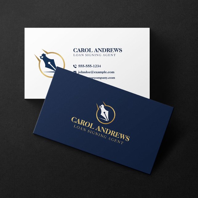 Elegant Loan Signing Agent Notary Public Gold Blue Business Card (Creator Uploaded)