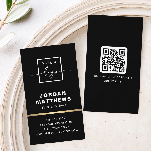 Elegant logo QR code golden gradient border black Business Card (Elegant logo QR code golden gradient border black Business Card)