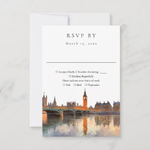 Elegant London Skyline Watercolor Wedding RSVP Card