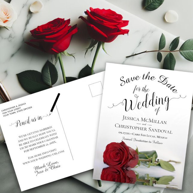 Elegant Long Stem Red Rose Wedding Save the Date Announcement Postcard (Back/Front)