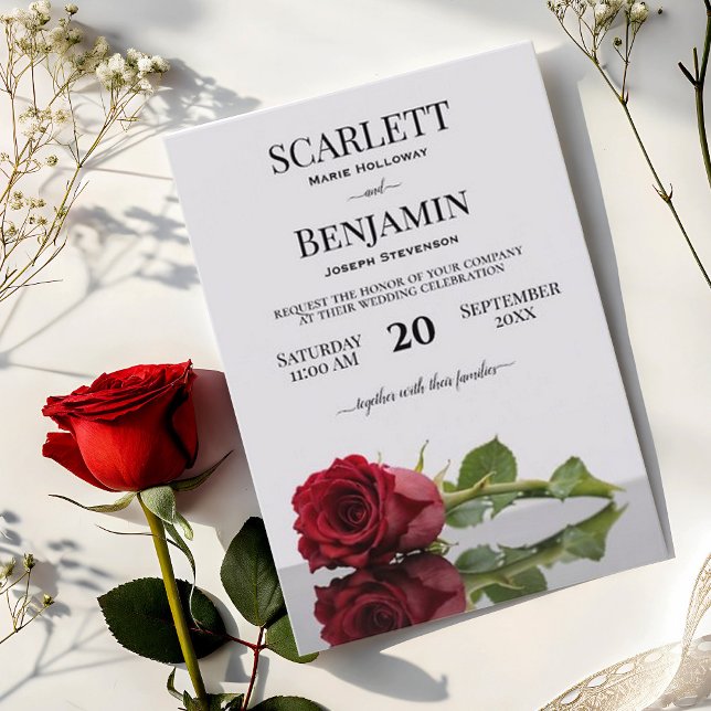 Elegant Long-Stemmed Crimson Red Rose Wedding Invitation (Creator Uploaded)