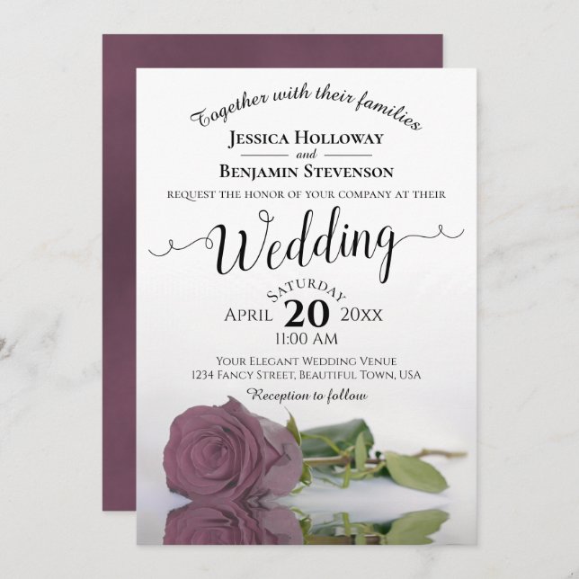 Elegant Long Stemmed Dusty Pink Mauve Rose Wedding Invitation (Front/Back)