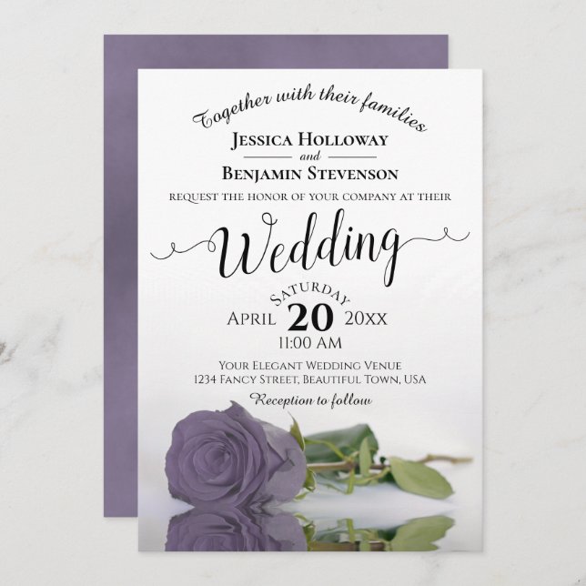 Elegant Long Stemmed Dusty Purple Rose Wedding Invitation (Front/Back)
